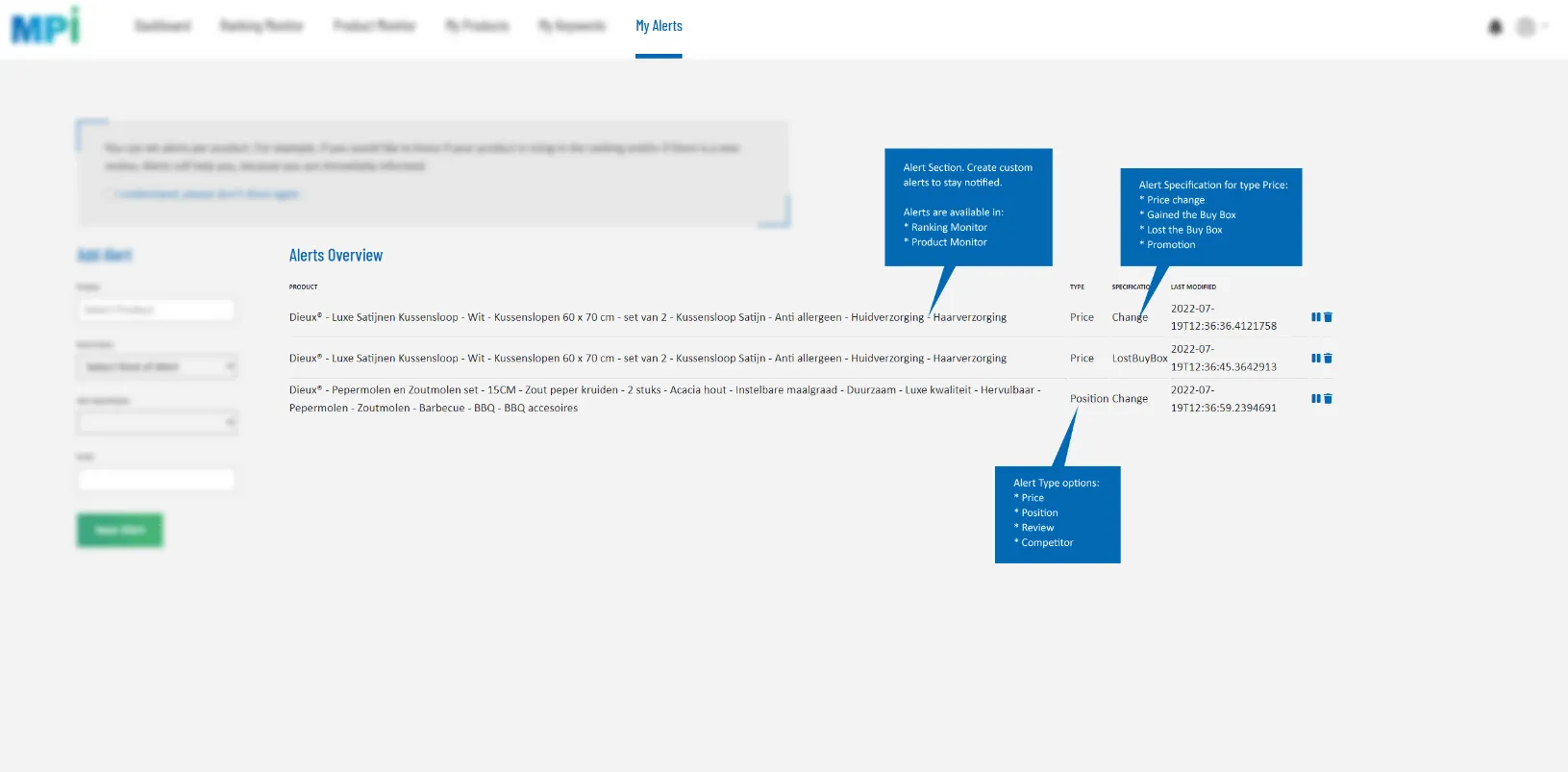 Marketplace intelligence dashboard met automatische alerts voor prijswijzigingen, product rankings, Buy Box veranderingen en promoties